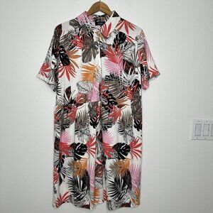 Bexleys Woman Shirt Dress Size XL Tropical Palm Print Cotton Modal Blend Beach